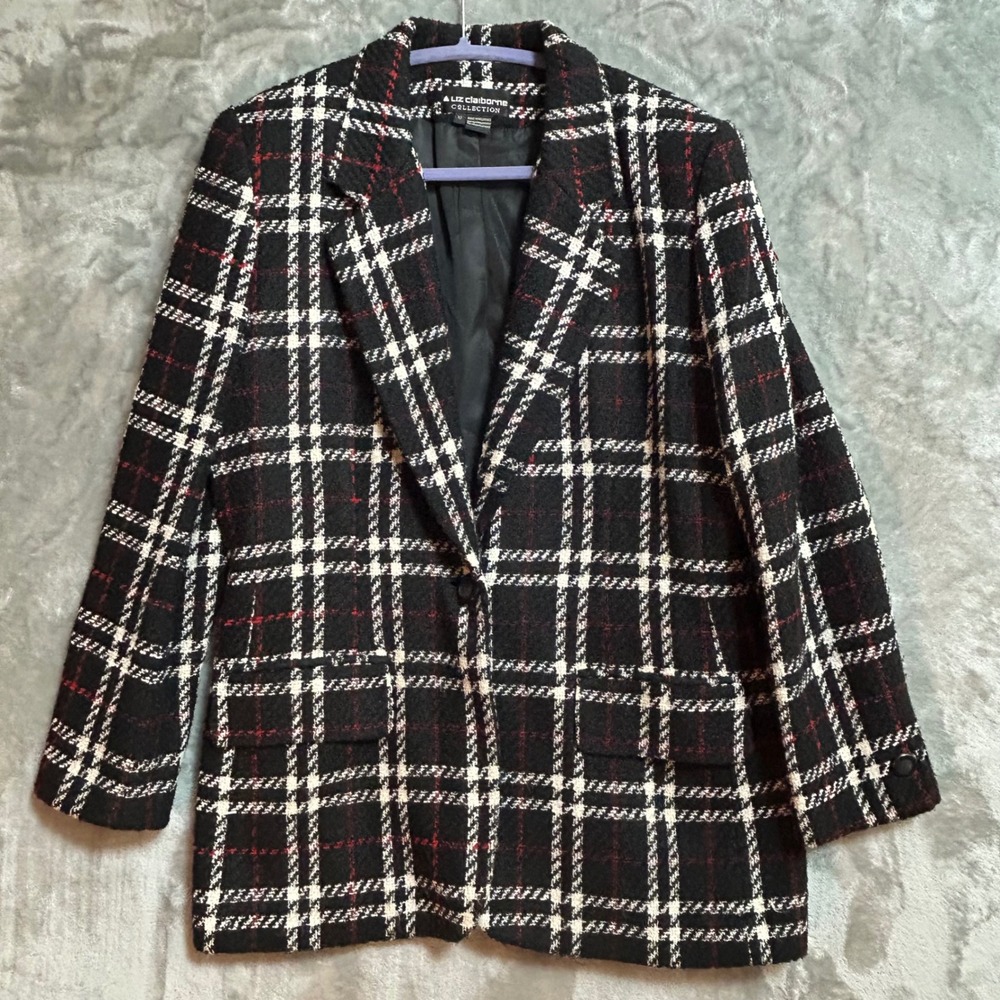 Liz Claiborne Collection Plaid Wool Blend Blazer Black Red White Size 10